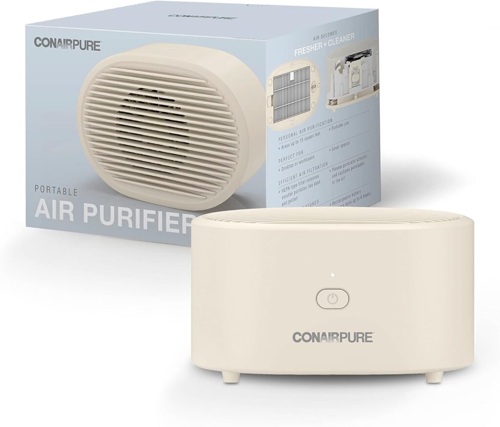 Conair Portable Small Air Purifier, Rechargeable Corded/Cordless, HEPA Air Filter, Air Purifier for Allergies, Dust, Pollen, Odor Control, Home, Bedroom, Dorm Room, Air Purifier for Small Room